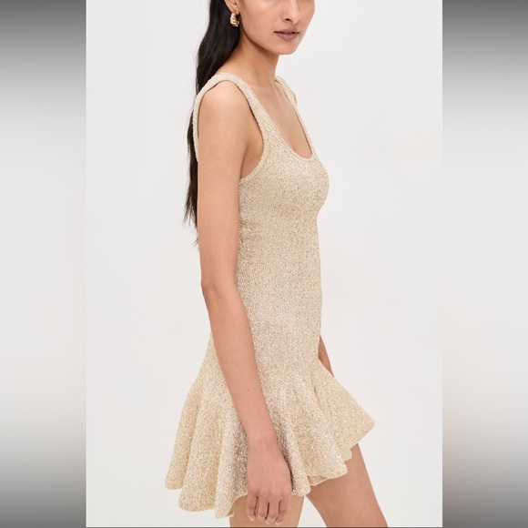 LOVESHACKFANCY Sarajane Sequin Stretch Knit Mini Dress Honey gold NWT